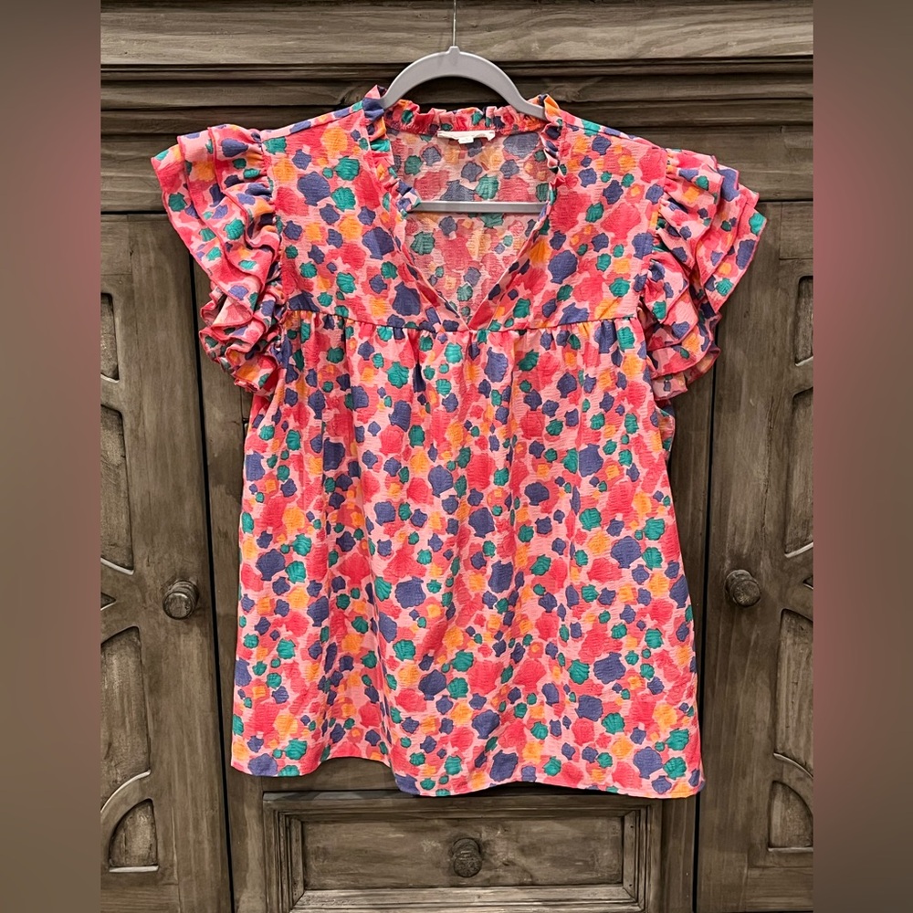 EUC Women’s SEWN + SEEN Pink Multicolor Polka Dot Flutter Sleeve Blouse (M)